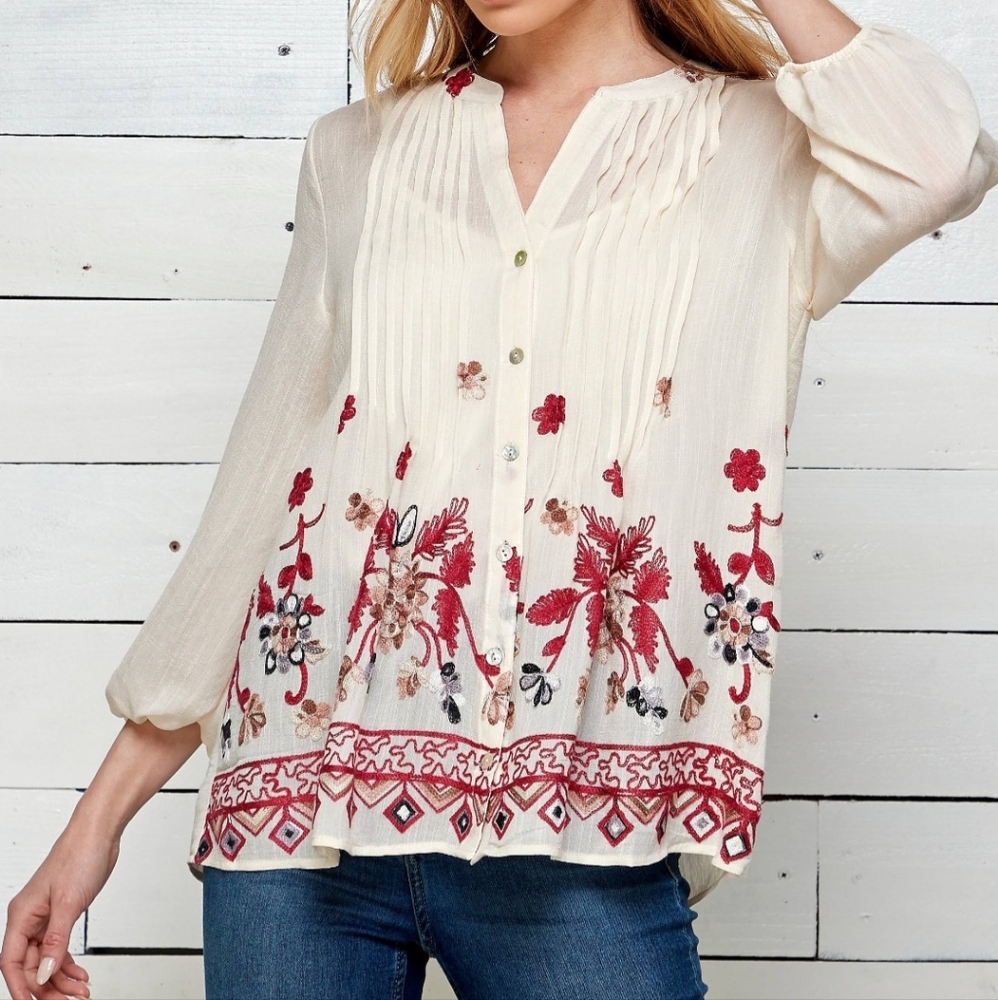 Anthropologie Fig and Flower Floral Embroidered Boho V Neck Button Down Blouse M